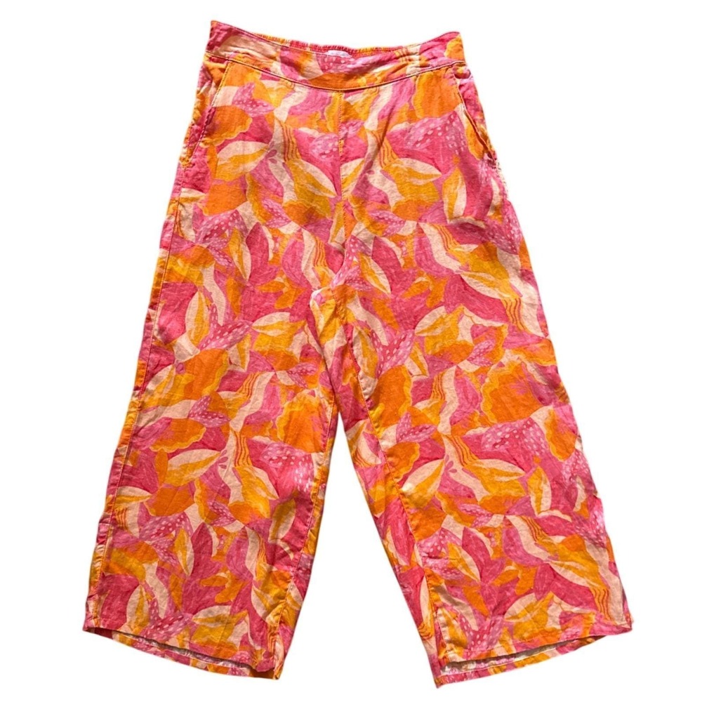 Cynthia‎ Rowley Floral Print Linen Blend Wide Leg Cropped Pants Size Medium